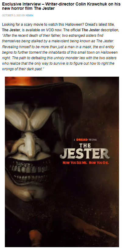 Exclusive Interview – Writer-director Colin Krawchuk on his new horror film The Jester